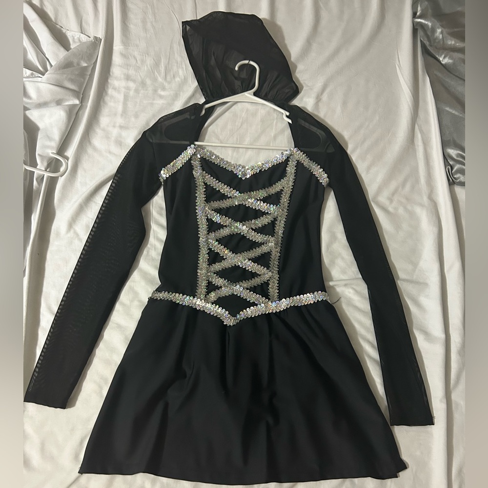 Custom design dance costume leotard black + silver sequins skirt detachable hood